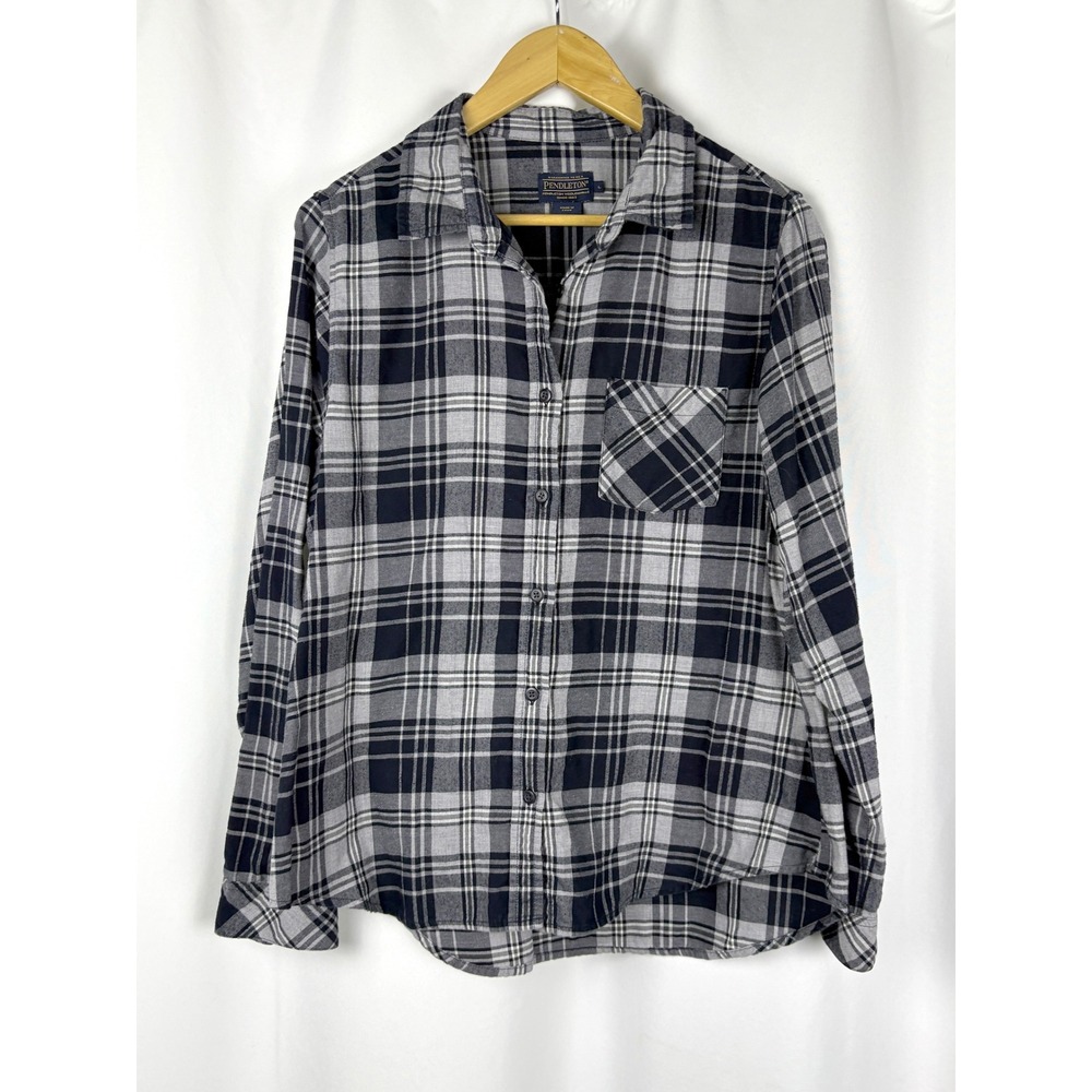 Pendleton Womens L Black White Grey Plaid Flannel Button Down Shirt TM320-69494